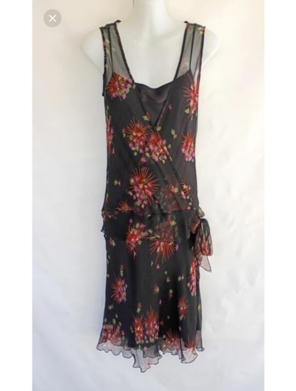 Floral Black 100% Silk Midi Dress Great Gatsby Dark Romantic Celestial Fairy M